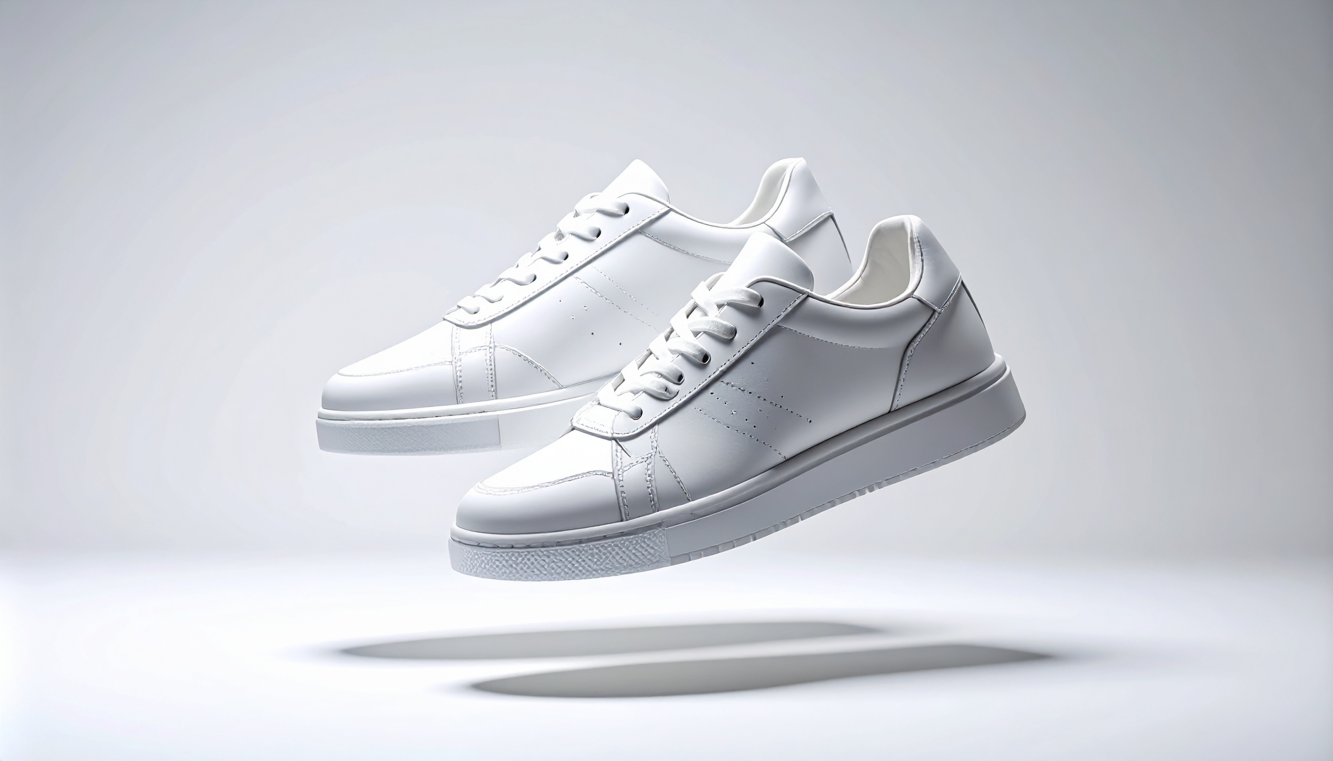 Stylish White Sneakers Floating on Light Gray Background